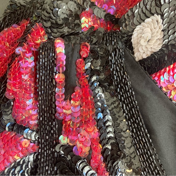 GORGEOUS 100% PURE SILK COLOR-BLOCK MOD/DECO VINTAGE SEQUIN SLEEVELESS DRESS L - Picture 9 of 10